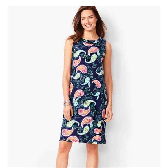 TALBOTS Pleat-Neck Shift 100% Cotton Dress Size Medium, Preppy, Paisley Print - Picture 2 of 11